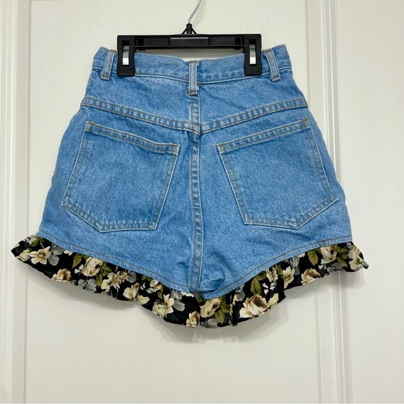 California Concepts Vintage High Rise Mom Denim Shorts with Floral Fabric Trim - Picture 3 of 5